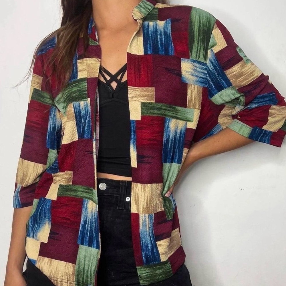 BonWorth Open Front Multicolor Patterned Top with Mandarin Collar